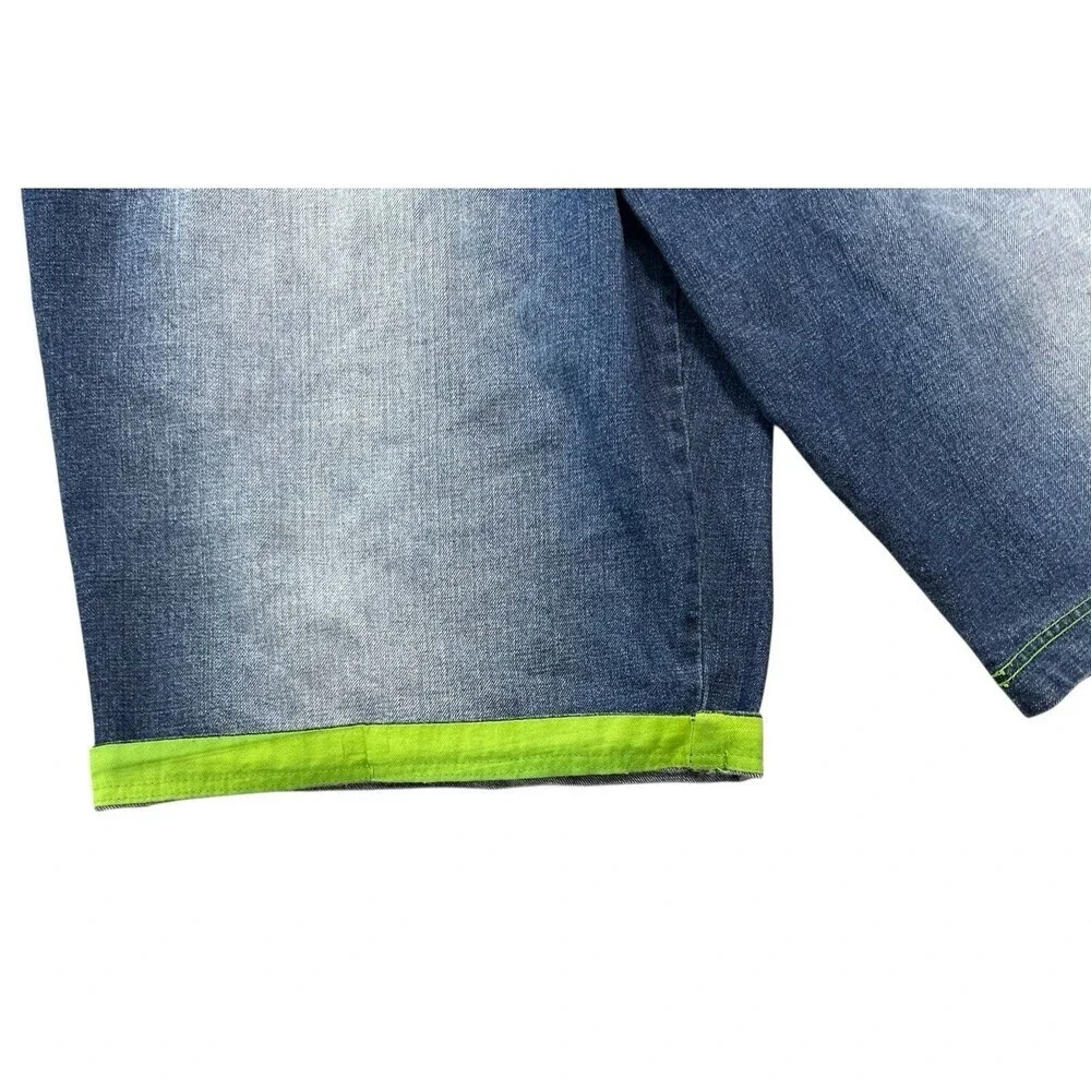 GodBody Men's Blue Jean Shorts Baggy Y2K Skater Streetwear Size 44 Lime Trim